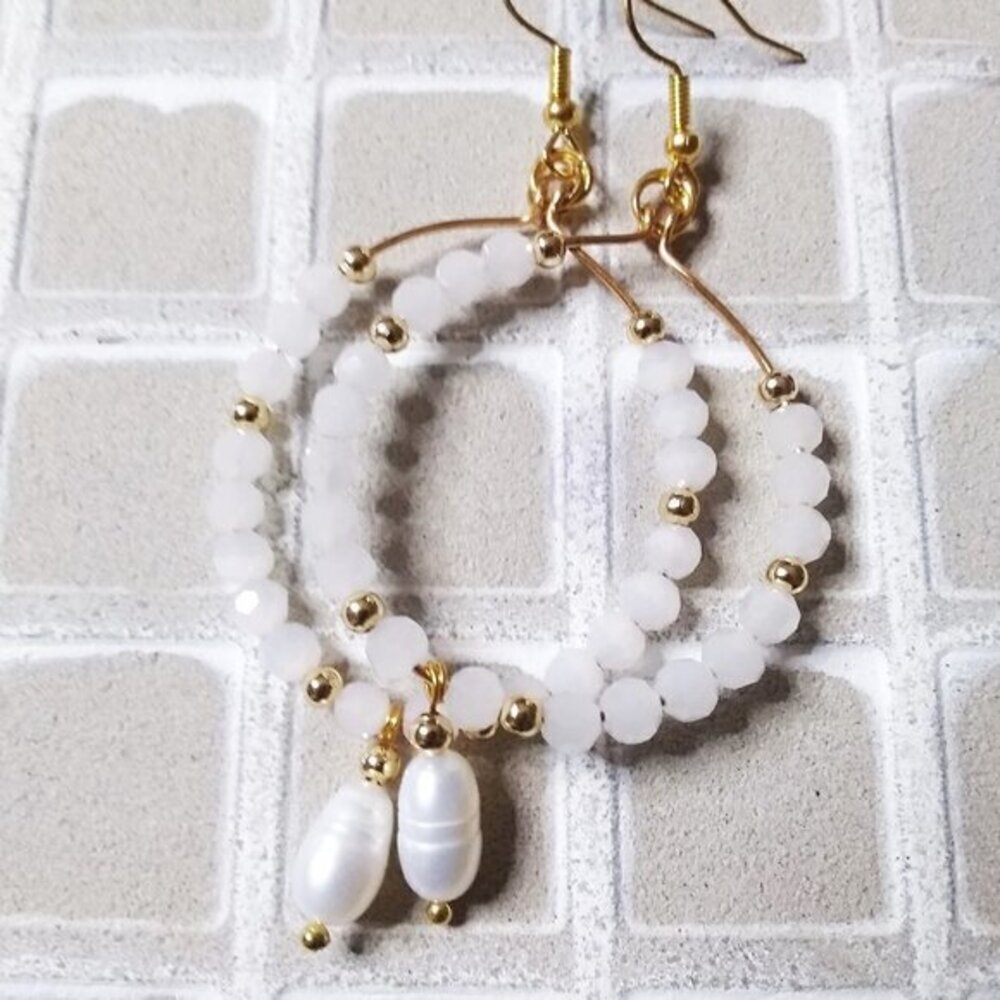 Holiday Pearl Hoop Earrings | White Freshwater Pearls | Winter Wedding Jewelry